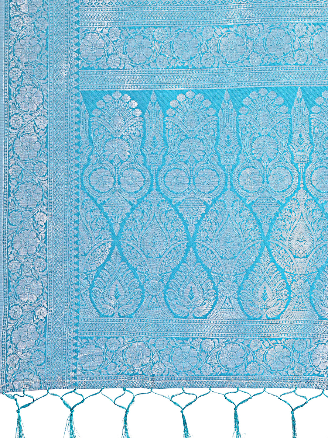 Astita Yellow & Sky Blue Lichi Silk Saree with Rich Woven Border and Zigzag Pattern – Wedding & Festive Wear