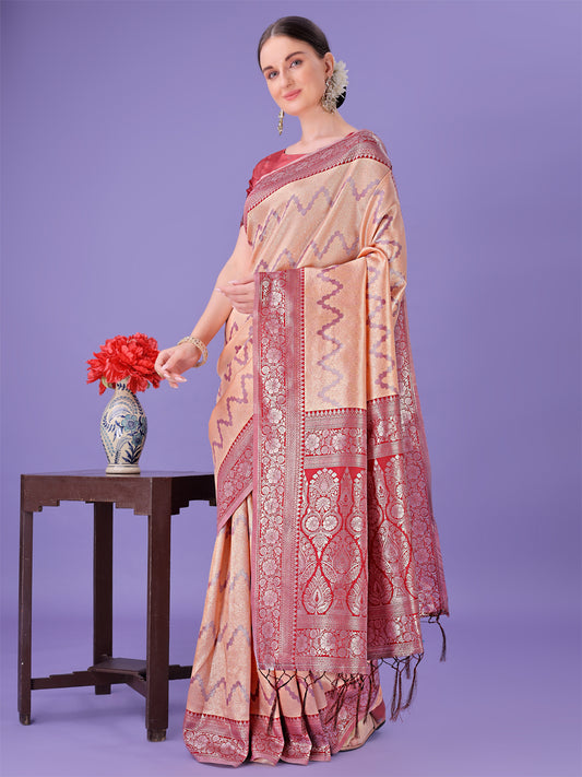 Astita Peach & Red Lichi Silk Saree with Rich Woven Border and Zigzag Pattern – Wedding & Festive Wear