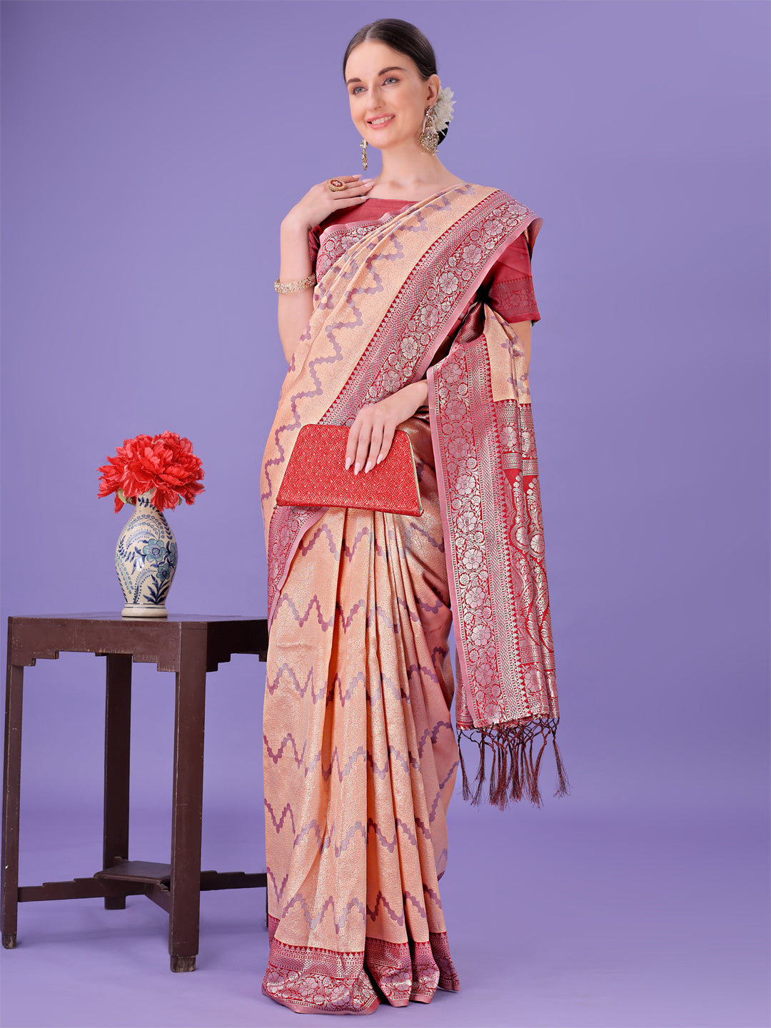 Astita Peach & Red Lichi Silk Saree with Rich Woven Border and Zigzag Pattern – Wedding & Festive Wear