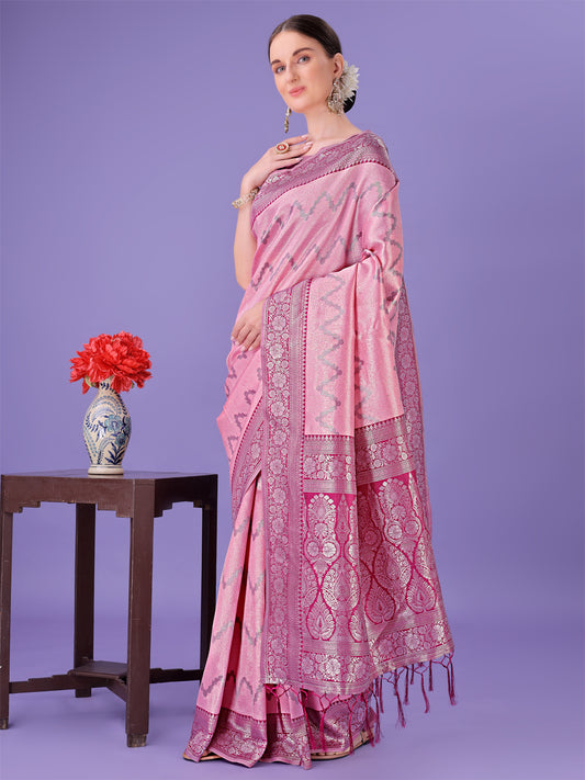 Astita Light Pink & Magenta Lichi Silk Saree with Rich Woven Border and Zigzag Pattern – Wedding & Festive Wear