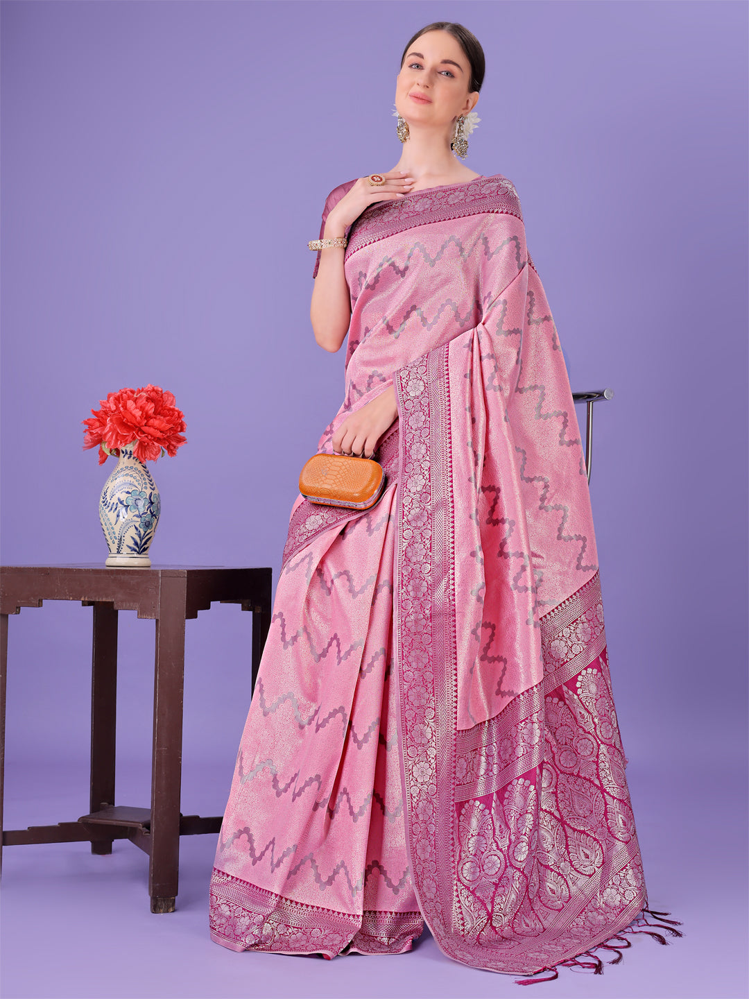 Astita Light Pink & Magenta Lichi Silk Saree with Rich Woven Border and Zigzag Pattern – Wedding & Festive Wear