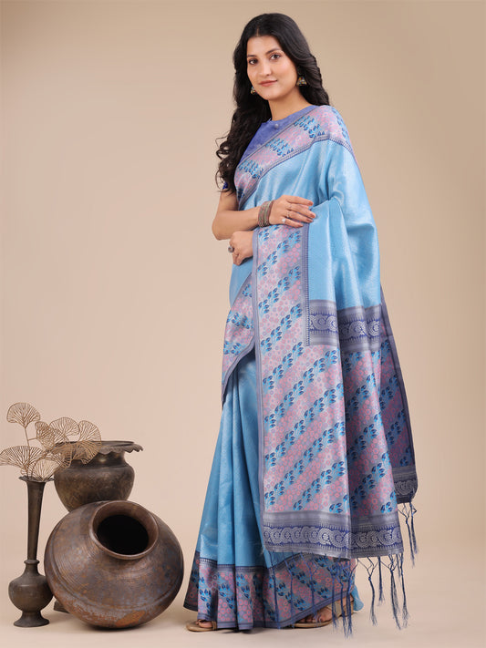 Astita Radiant Sky Blue Silk Saree with Pink & Blue Floral Pattern – Perfect for Weddings & Festive Glamour