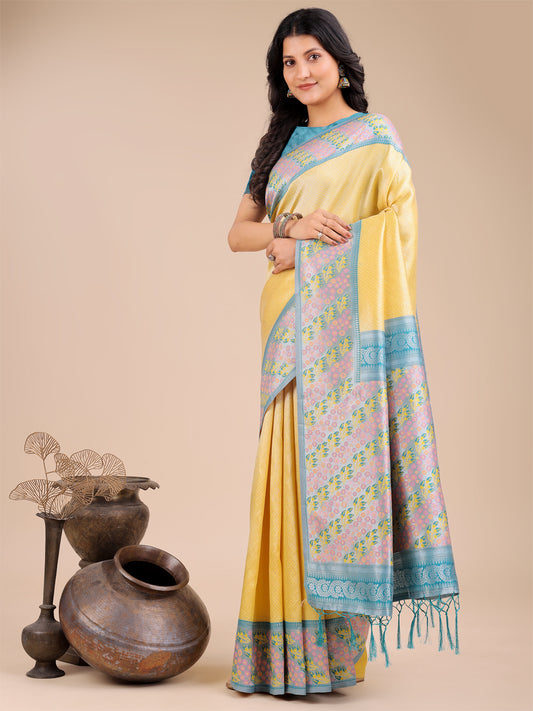 Astita Radiant Yellow Silk Saree with Pink & Blue Floral Pattern – Perfect for Weddings & Festive Glamour