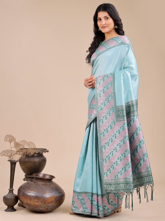 Astita Radiant Teal Silk Saree with Pink & Blue Floral Pattern – Perfect for Weddings & Festive Glamour