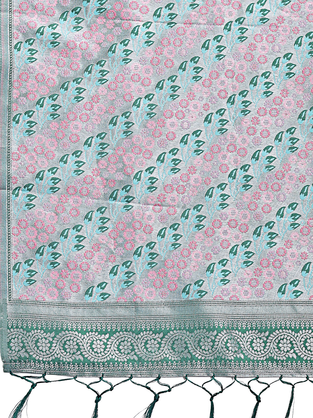 Astita Radiant Teal Silk Saree with Pink & Blue Floral Pattern – Perfect for Weddings & Festive Glamour