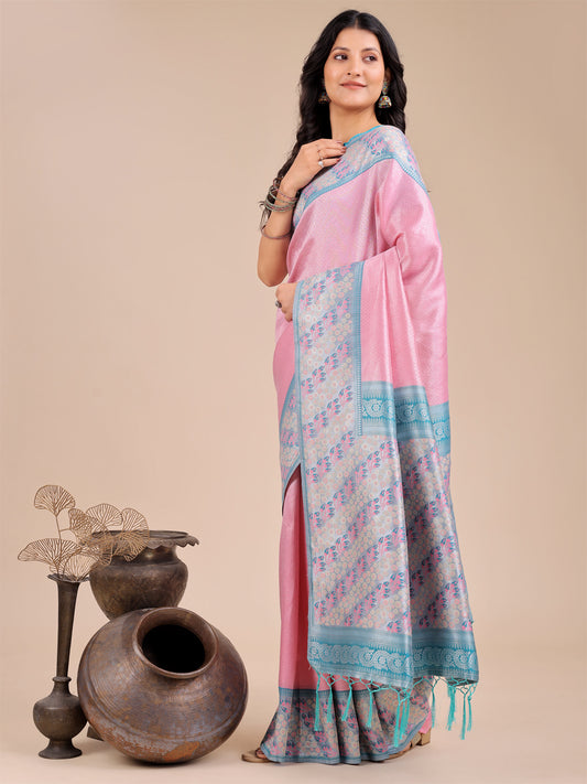 Astita Radiant Light Pink Silk Saree with Pink & Blue Floral Pattern – Perfect for Weddings & Festive Glamour
