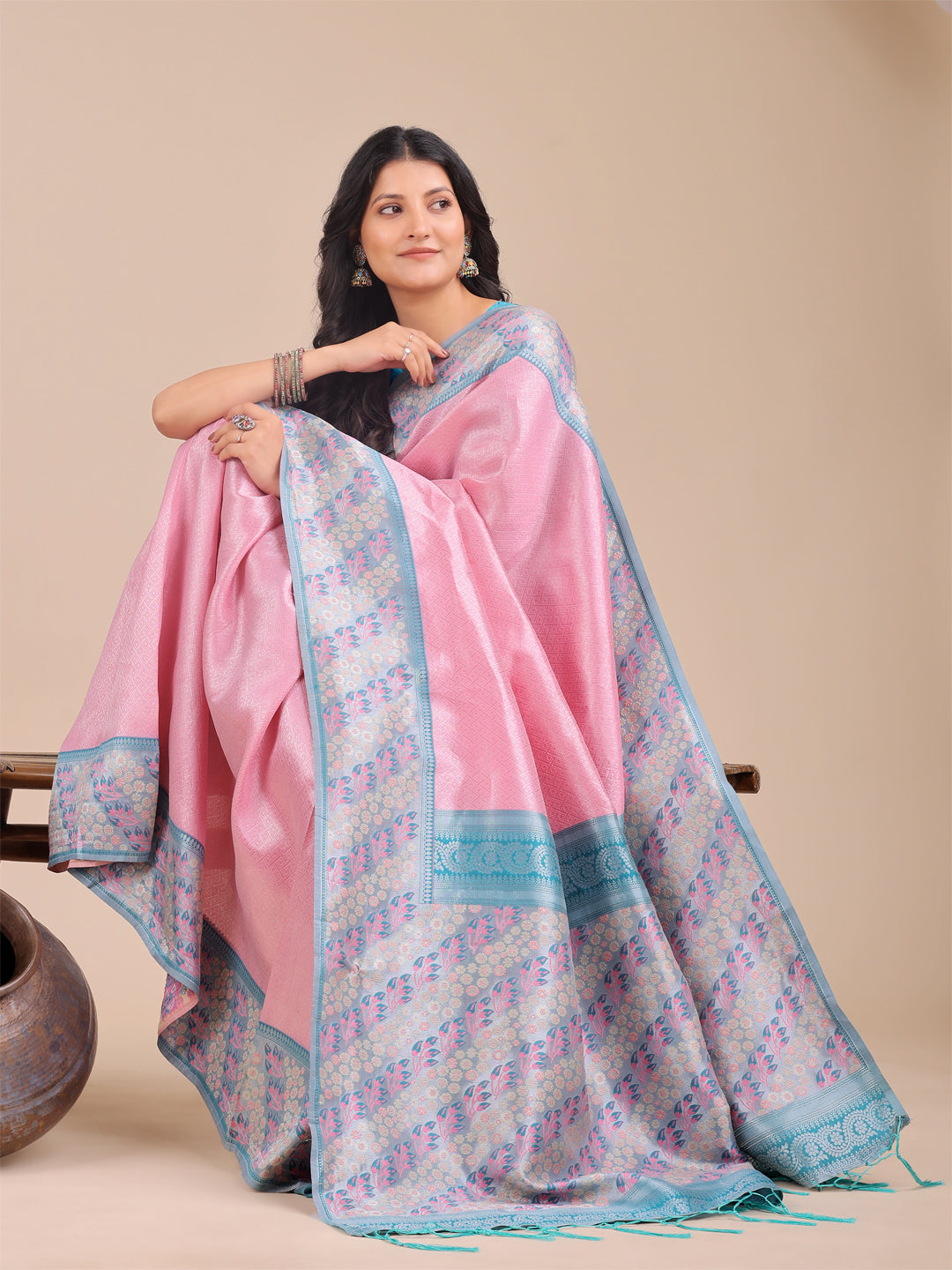Astita Radiant Light Pink Silk Saree with Pink & Blue Floral Pattern – Perfect for Weddings & Festive Glamour