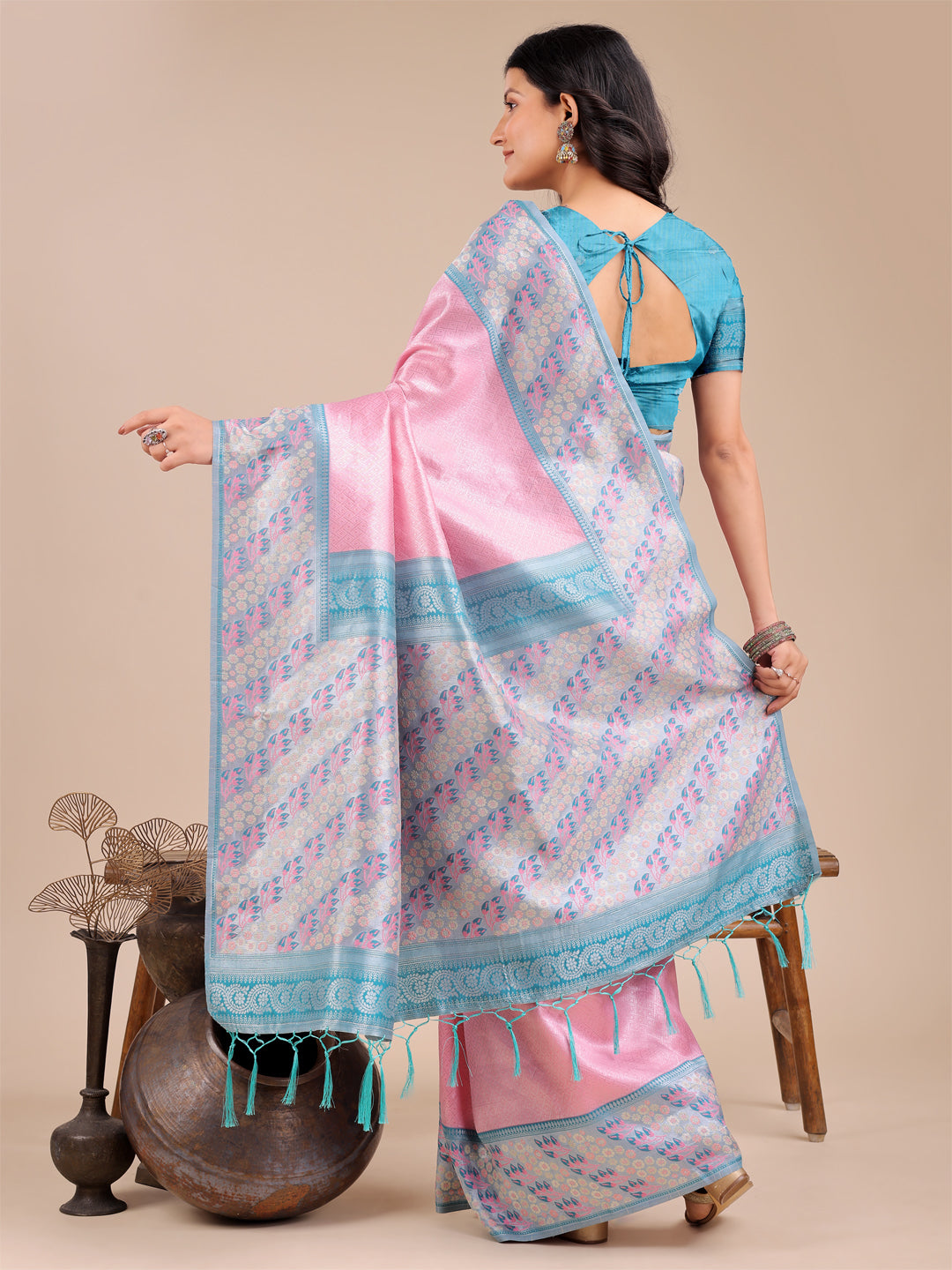 Astita Radiant Light Pink Silk Saree with Pink & Blue Floral Pattern – Perfect for Weddings & Festive Glamour
