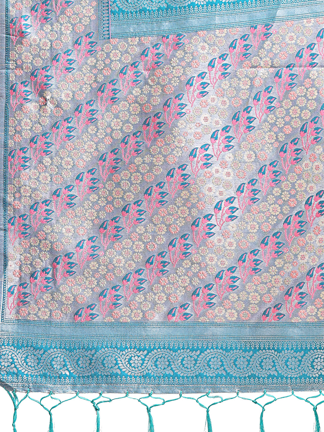 Astita Radiant Light Pink Silk Saree with Pink & Blue Floral Pattern – Perfect for Weddings & Festive Glamour
