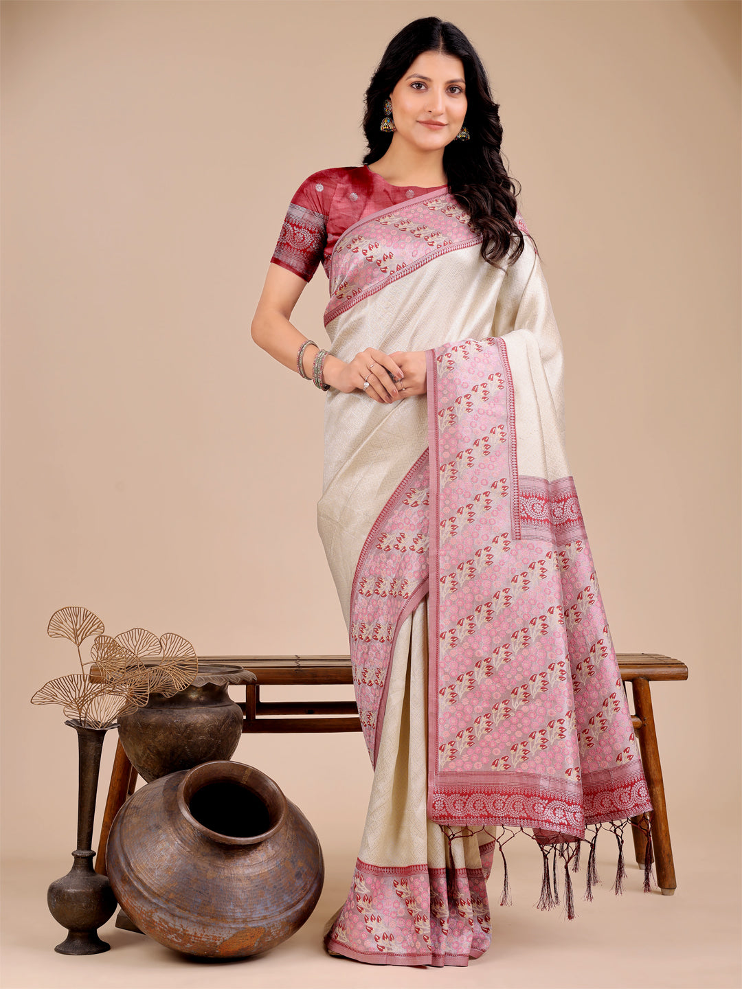 Astita Radiant Cream Silk Saree with Pink & Blue Floral Pattern – Perfect for Weddings & Festive Glamour