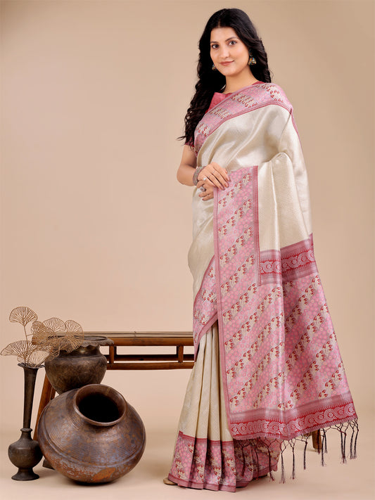 Astita Radiant Cream Silk Saree with Pink & Blue Floral Pattern – Perfect for Weddings & Festive Glamour