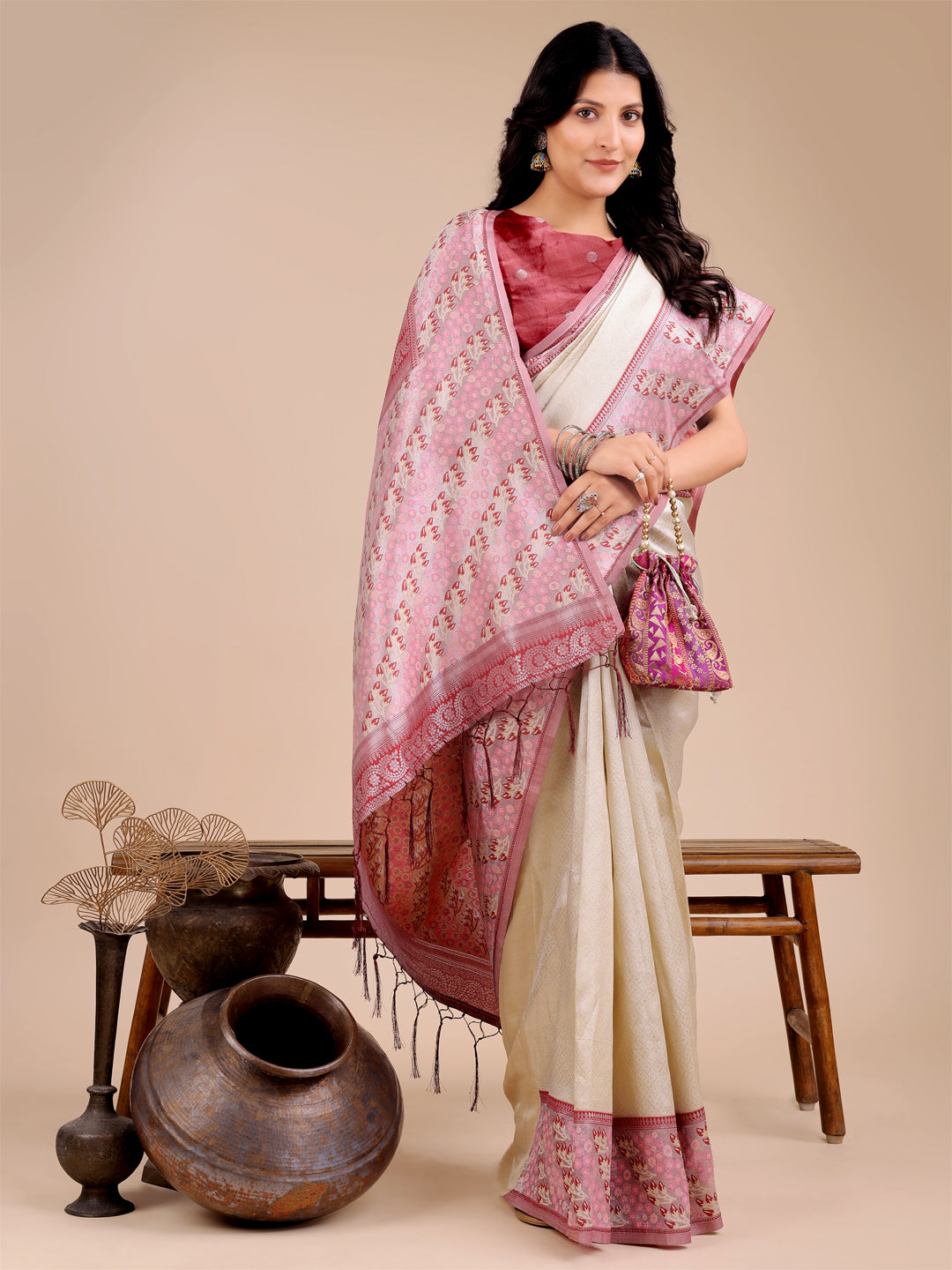 Astita Radiant Cream Silk Saree with Pink & Blue Floral Pattern – Perfect for Weddings & Festive Glamour