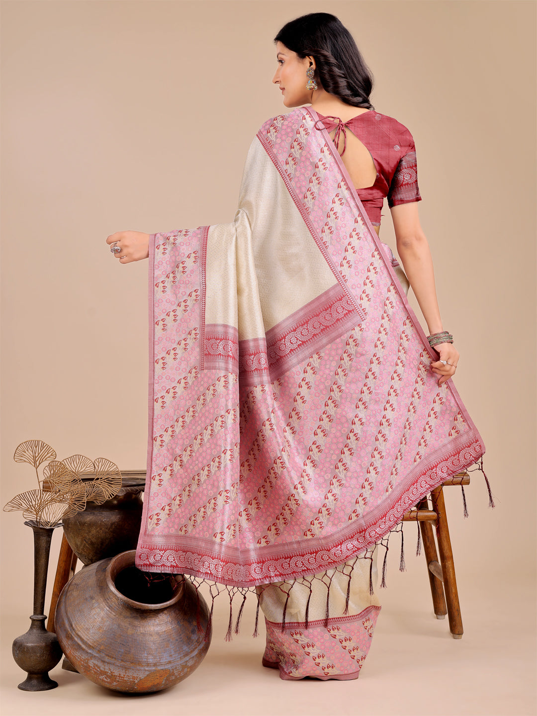 Astita Radiant Cream Silk Saree with Pink & Blue Floral Pattern – Perfect for Weddings & Festive Glamour