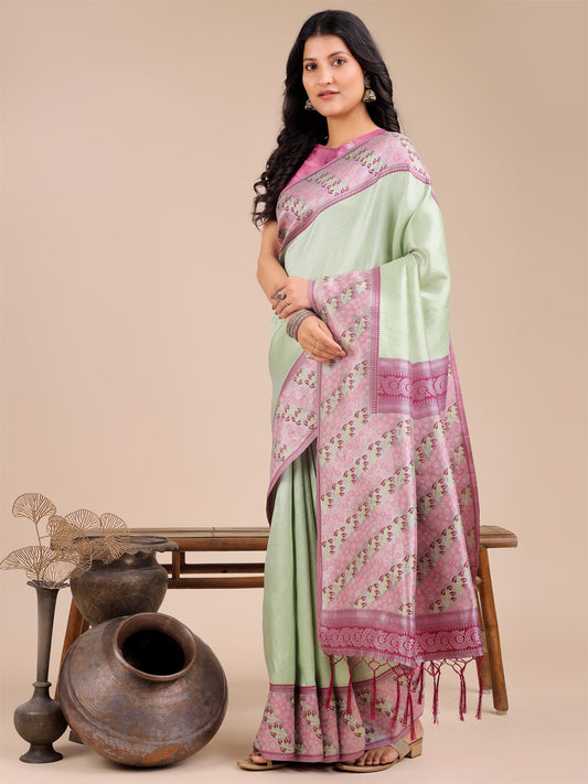 Astita Radiant Light Green Silk Saree with Pink & Blue Floral Pattern – Perfect for Weddings & Festive Glamour