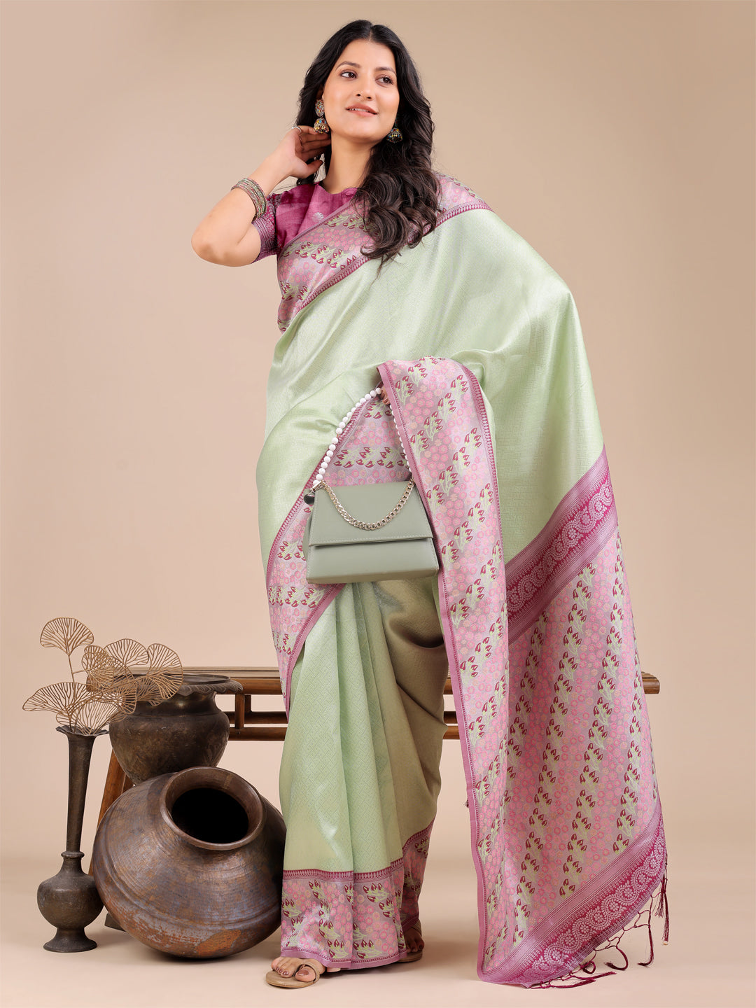 Astita Radiant Light Green Silk Saree with Pink & Blue Floral Pattern – Perfect for Weddings & Festive Glamour
