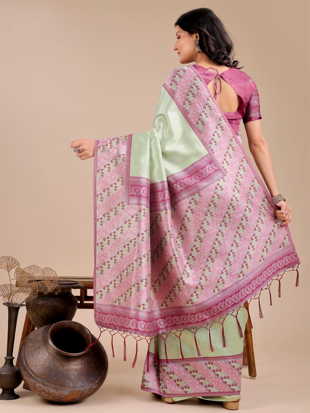 Astita Radiant Light Green Silk Saree with Pink & Blue Floral Pattern – Perfect for Weddings & Festive Glamour