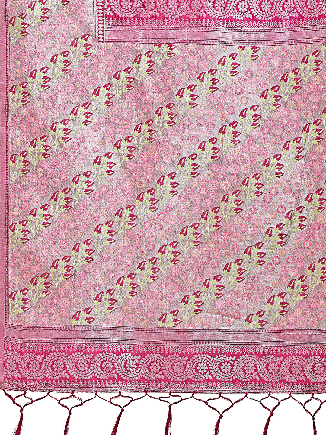 Astita Radiant Light Green Silk Saree with Pink & Blue Floral Pattern – Perfect for Weddings & Festive Glamour