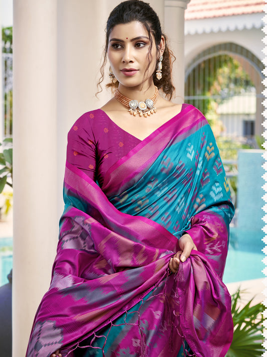 Astita Sky Blue & Magenta Pochampalli Soft Silk Saree with Traditional Ikat Pallu Sari