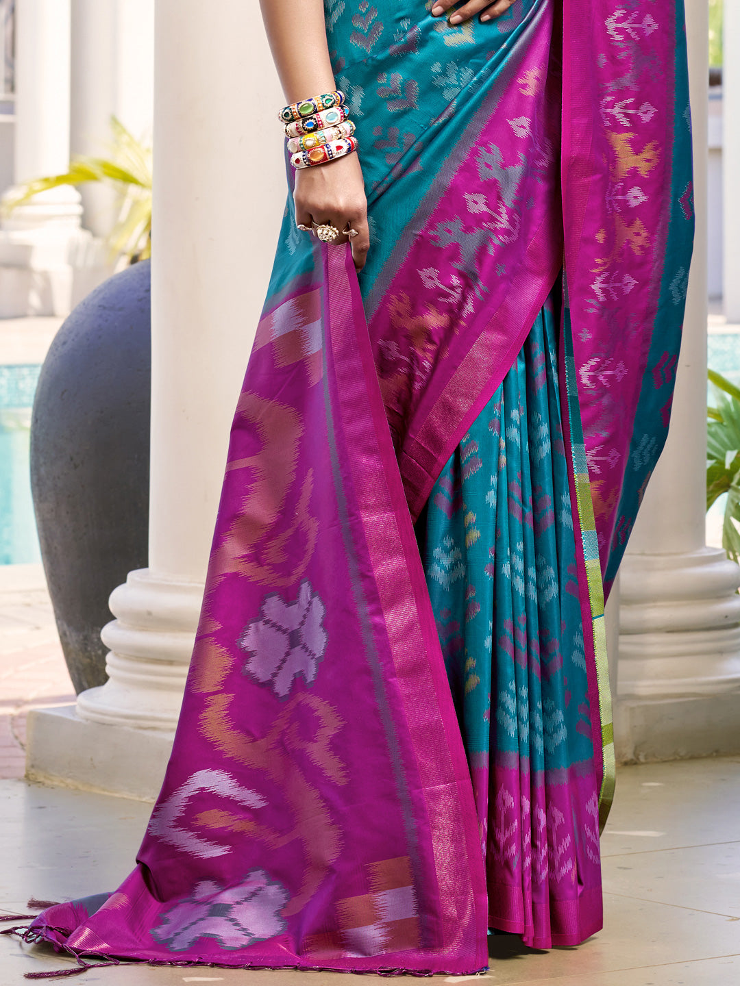 Astita Sky Blue & Magenta Pochampalli Soft Silk Saree with Traditional Ikat Pallu Sari