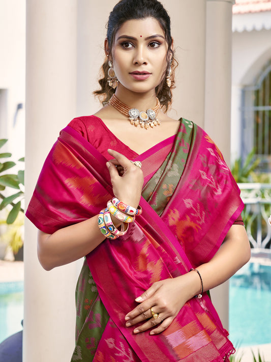 Astita Olive Green & Red Pochampalli Soft Silk Saree with Traditional Ikat Pallu Sari