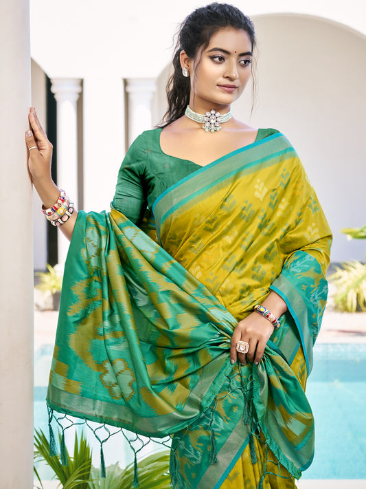 Astita Mustard Yellow & Green Pochampalli Soft Silk Saree with Traditional Ikat Pallu Sari