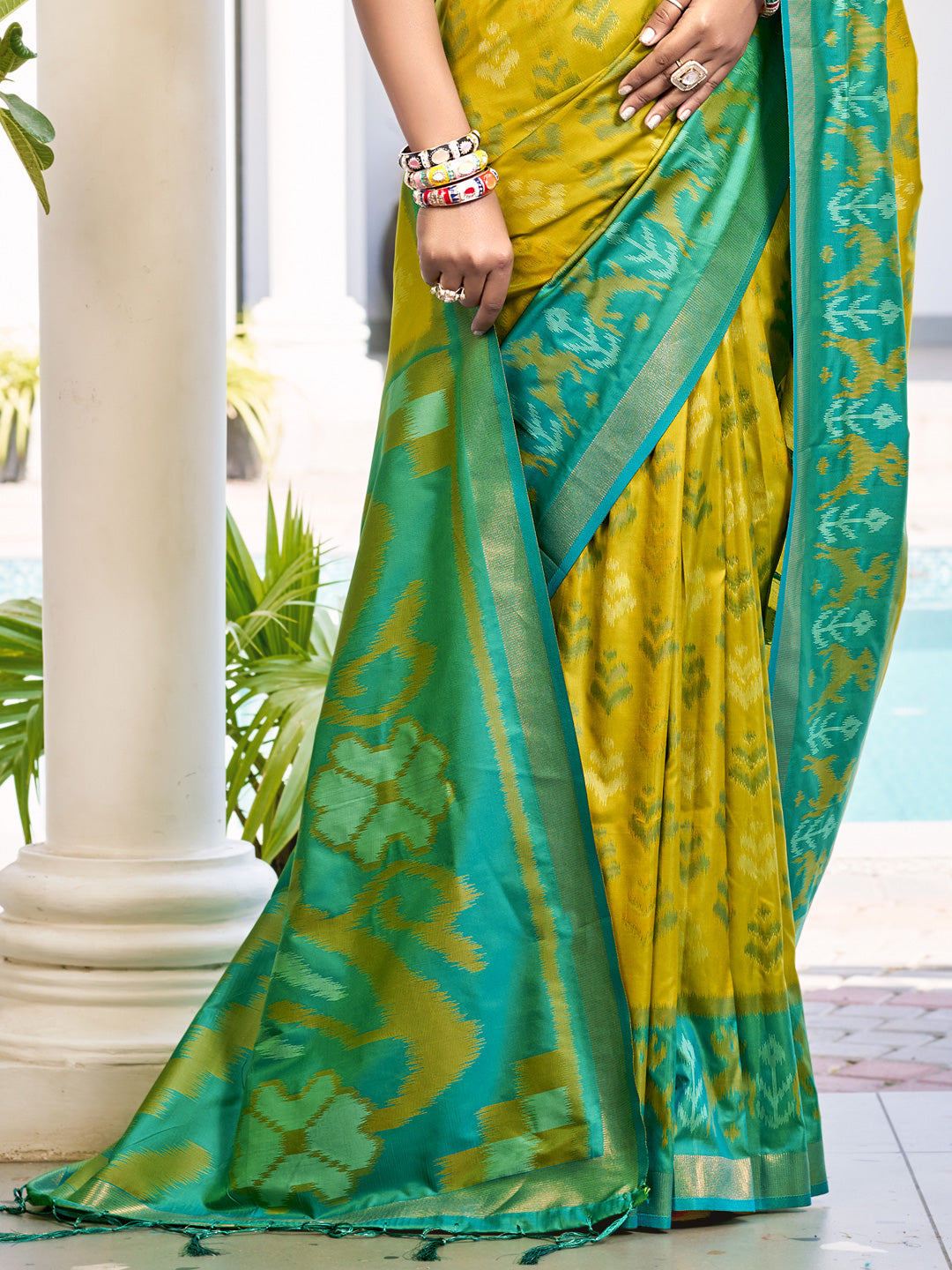 Astita Mustard Yellow & Green Pochampalli Soft Silk Saree with Traditional Ikat Pallu Sari
