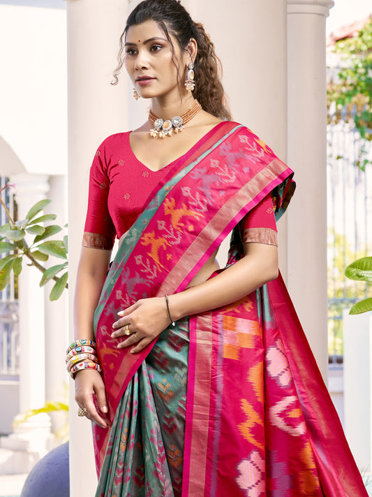Astita Grey & Red Pochampalli Soft Silk Saree with Traditional Ikat Pallu Sari