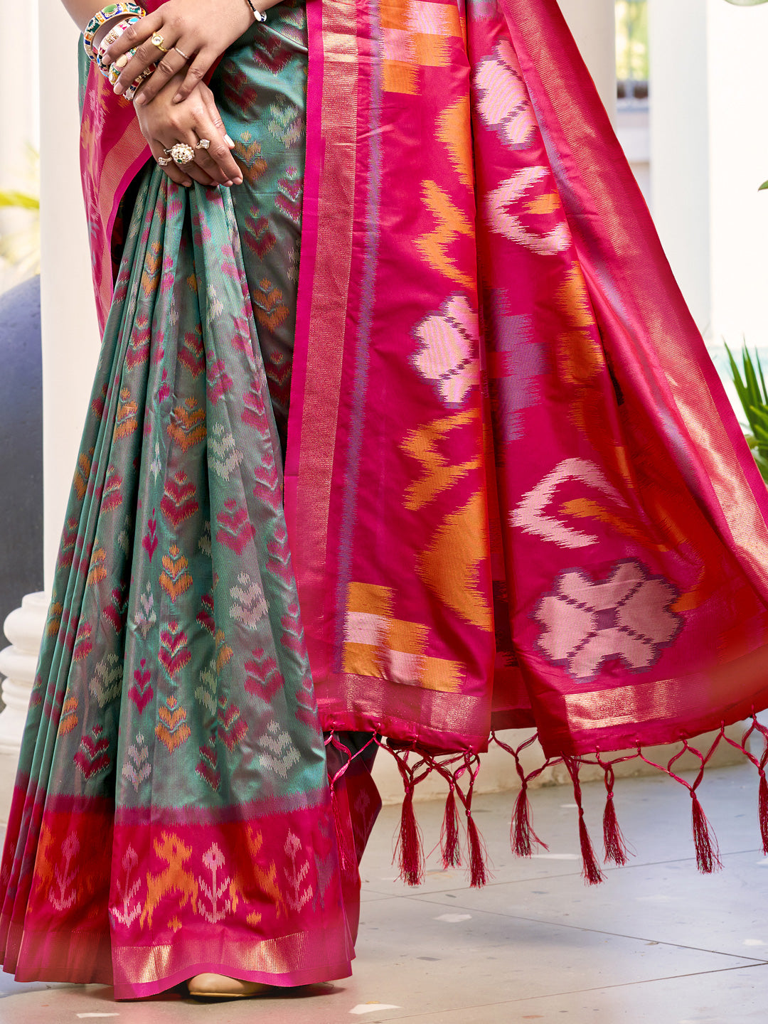 Astita Grey & Red Pochampalli Soft Silk Saree with Traditional Ikat Pallu Sari