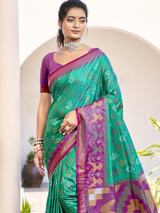 Astita Rama Green & Purple Pochampalli Soft Silk Saree with Traditional Ikat Pallu Sari
