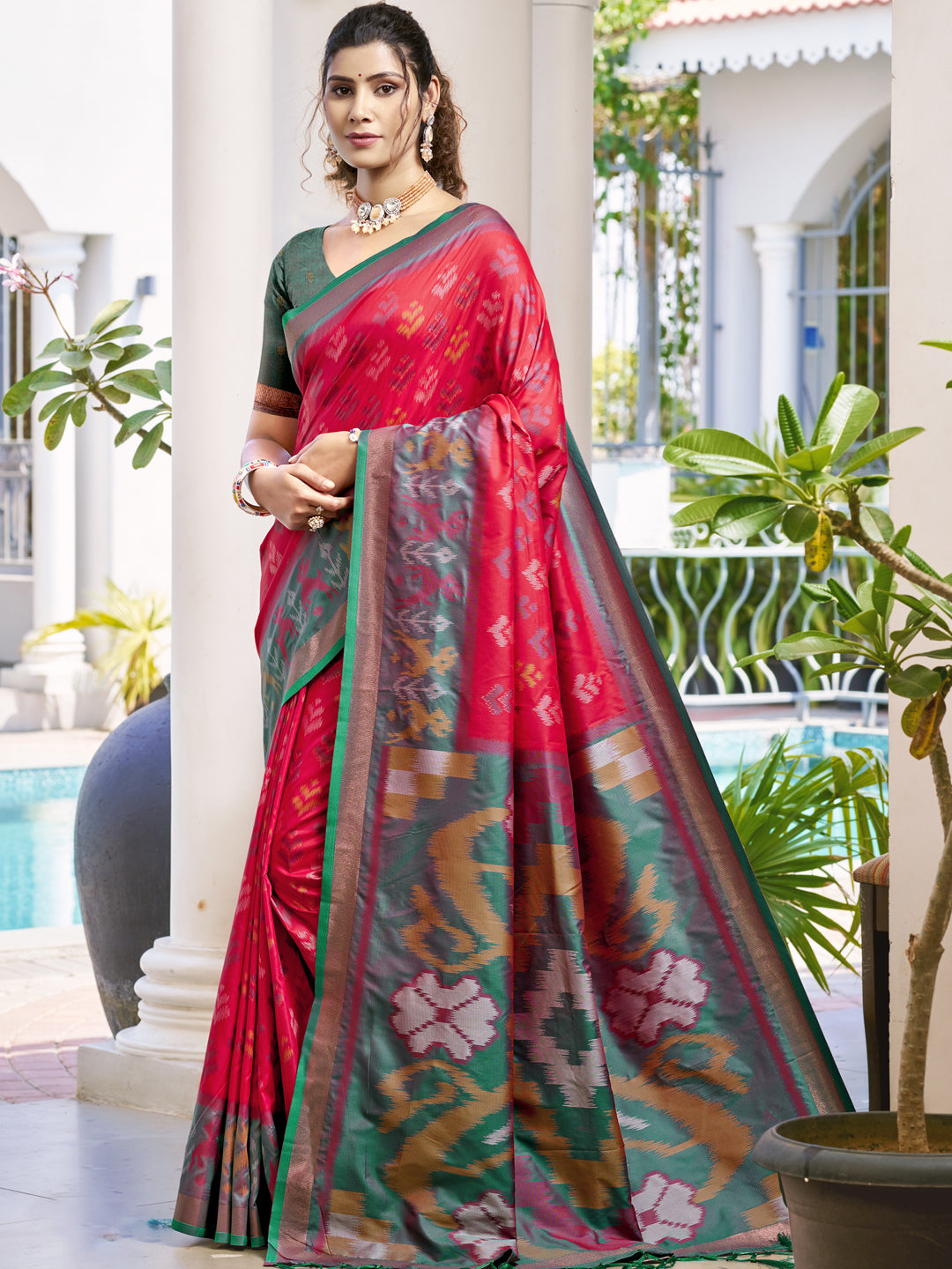 Astita Red & Mhendi Green Pochampalli Soft Silk Saree with Traditional Ikat Pallu Sari