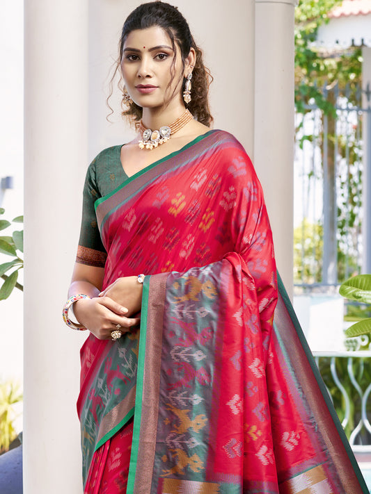 Astita Red & Mhendi Green Pochampalli Soft Silk Saree with Traditional Ikat Pallu Sari