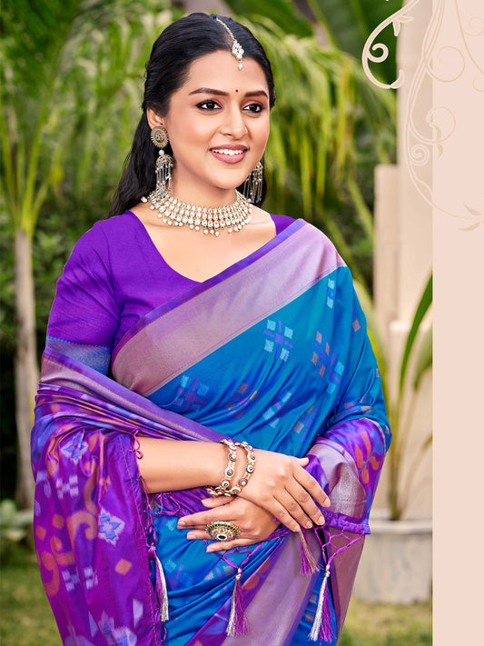 Astita Exquisite Blue & Violet Pochampalli Soft Silk Saree with Grand Ikat Woven Pallu – Perfect for Weddings, Festivals & Traditional Celebrations