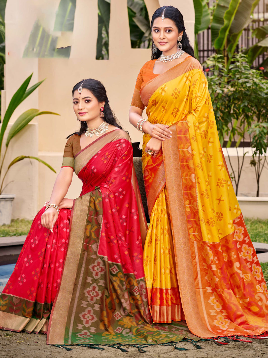 Astita Exquisite Yellow & Red Pochampalli Soft Silk Saree with Grand Ikat Woven Pallu – Perfect for Weddings, Festivals & Traditional Celebrations