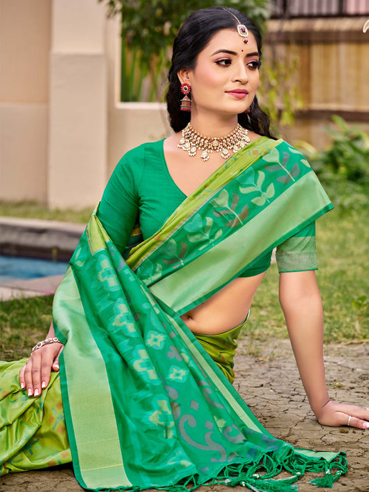 Astita Exquisite Light Green & Green Pochampalli Soft Silk Saree with Grand Ikat Woven Pallu – Perfect for Weddings, Festivals & Traditional Celebrations