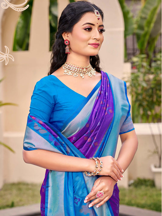 Astita Exquisite Violet & Sky Blue Pochampalli Soft Silk Saree with Grand Ikat Woven Pallu – Perfect for Weddings, Festivals & Traditional Celebrations