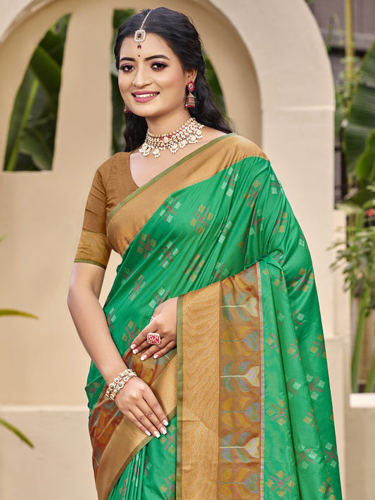 Astita Exquisite Green & Brown Pochampalli Soft Silk Saree with Grand Ikat Woven Pallu – Perfect for Weddings, Festivals & Traditional Celebrations