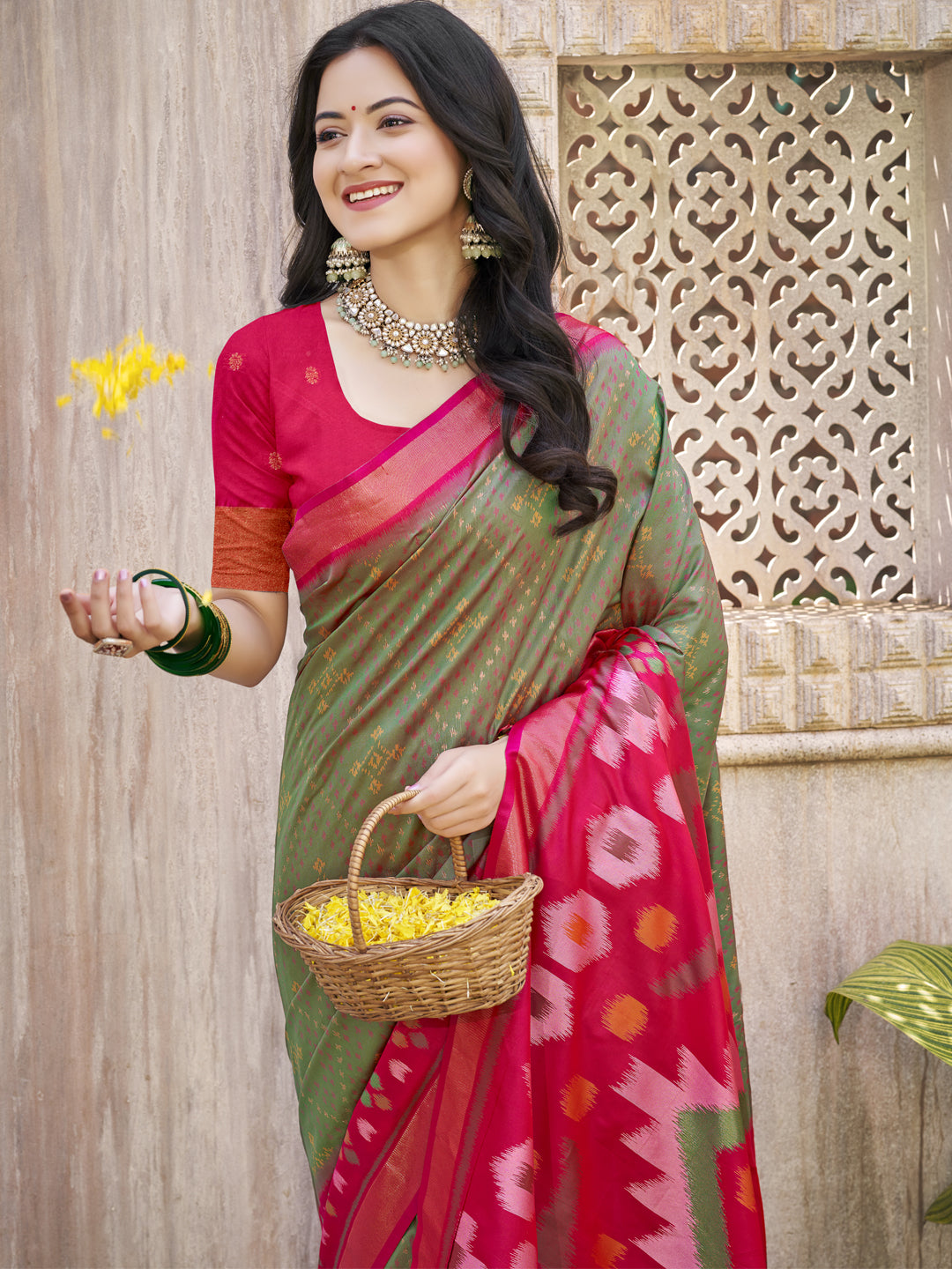 Astita Mhendi Green & Red Pochampalli Soft Silk Saree with Traditional Ikat Woven Pallu – Perfect for Festive Celebrations & Wedding Occasions