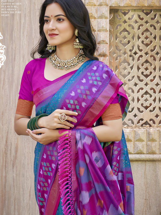 Astita Sea Green & Violet Pochampalli Soft Silk Saree with Traditional Ikat Woven Pallu – Perfect for Festive Celebrations & Wedding Occasions