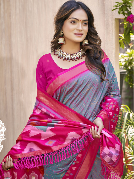 Astita Grey & Magenta Pochampalli Soft Silk Saree with Traditional Ikat Woven Pallu – Perfect for Festive Celebrations & Wedding Occasions