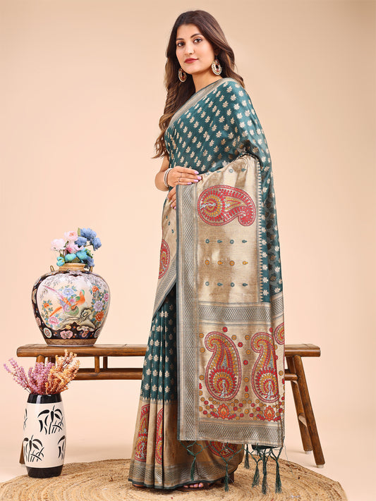 Astita Grace in Every Thread – Sea Green & Beige Linen Cotton Saree with Royal Paisley Charm