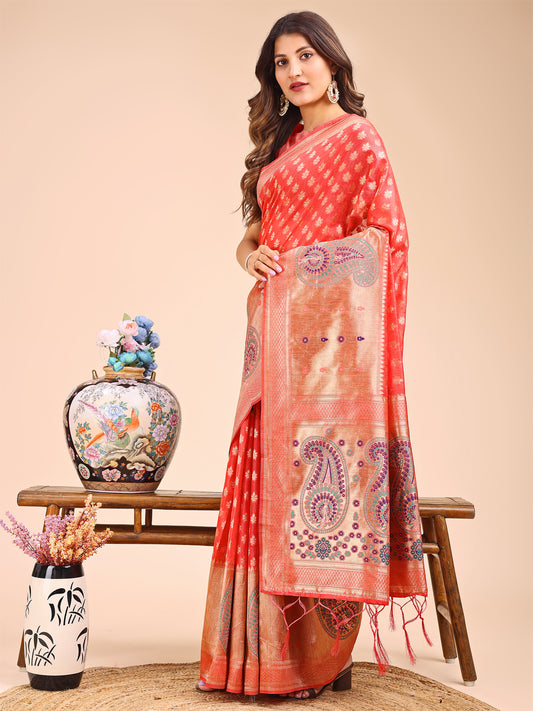 Astita Grace in Every Thread – Peach & Beige Linen Cotton Saree with Royal Paisley Charm