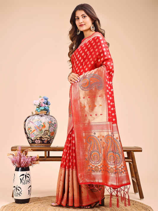Astita Grace in Every Thread – Red & Beige Linen Cotton Saree with Royal Paisley Charm