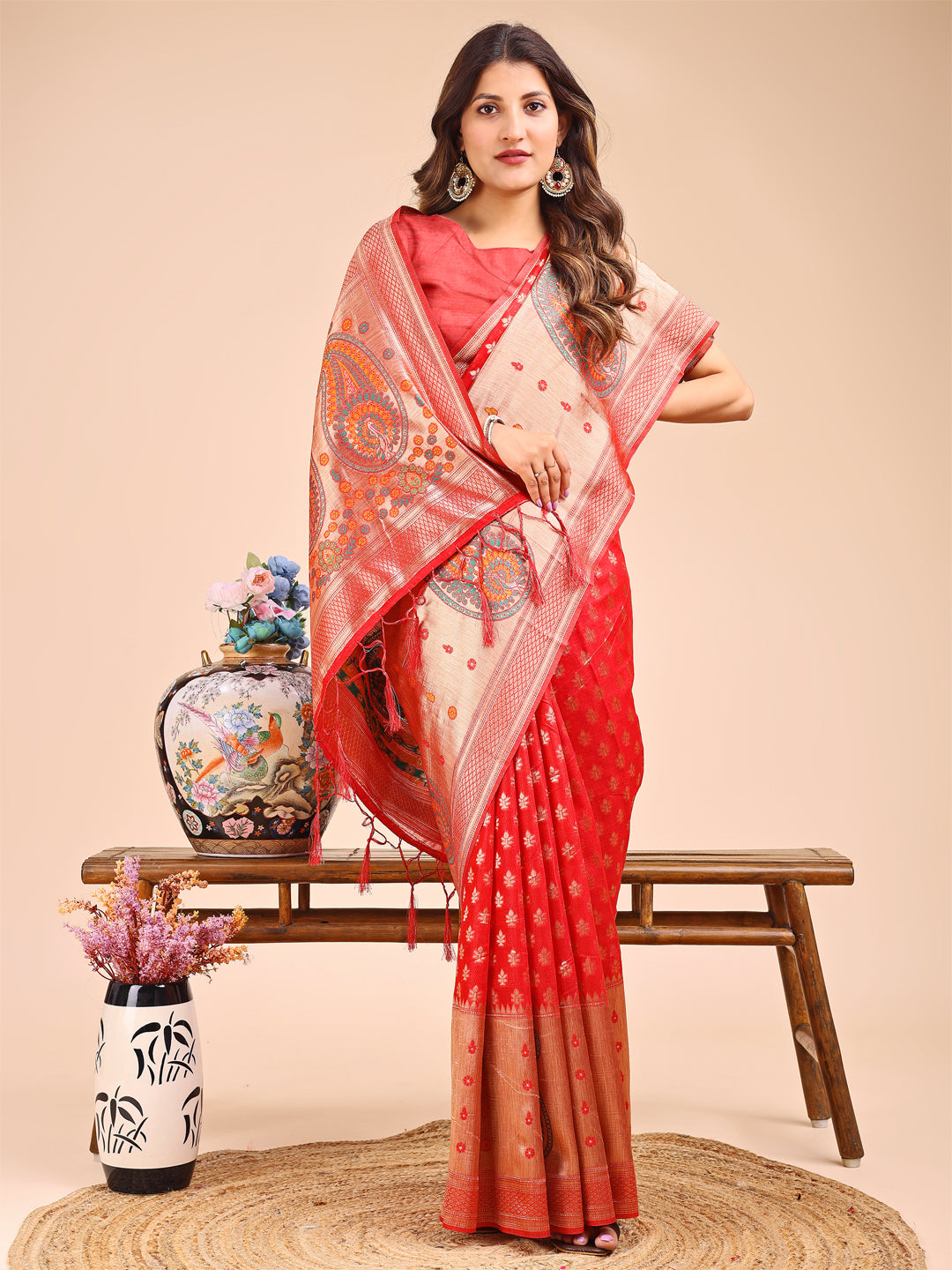 Astita Grace in Every Thread β Red & Beige Linen Cotton Saree with Royal Paisley Charm