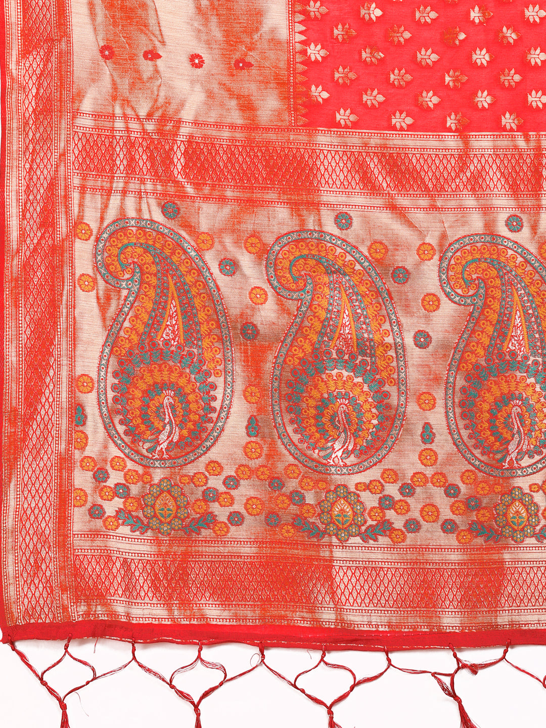 Astita Grace in Every Thread β Red & Beige Linen Cotton Saree with Royal Paisley Charm