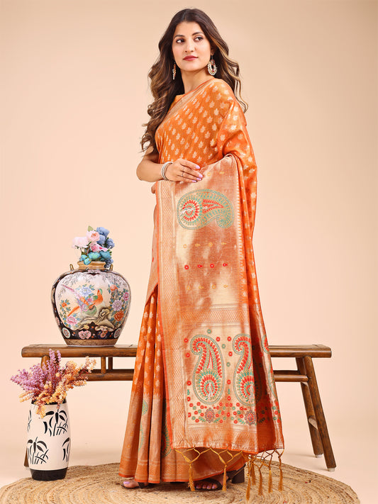 Astita Grace in Every Thread – Mustrad & Beige Linen Cotton Saree with Royal Paisley Charm