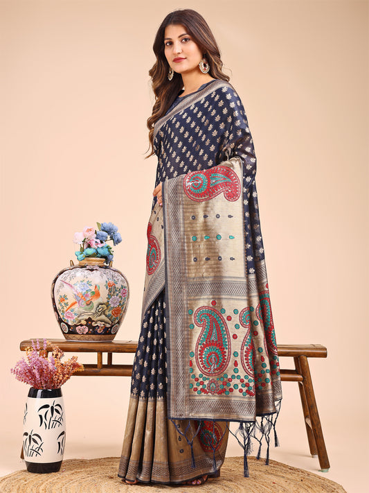 Astita Grace in Every Thread – Navy Blue & Beige Linen Cotton Saree with Royal Paisley Charm