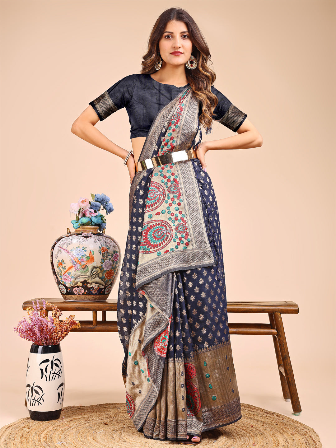 Astita Grace in Every Thread β Navy Blue & Beige Linen Cotton Saree with Royal Paisley Charm