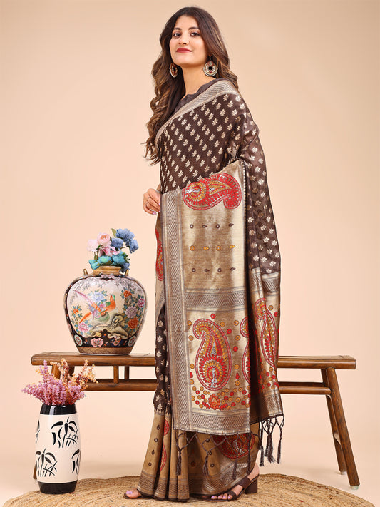 Astita Grace in Every Thread – Brown & Beige Linen Cotton Saree with Royal Paisley Charm