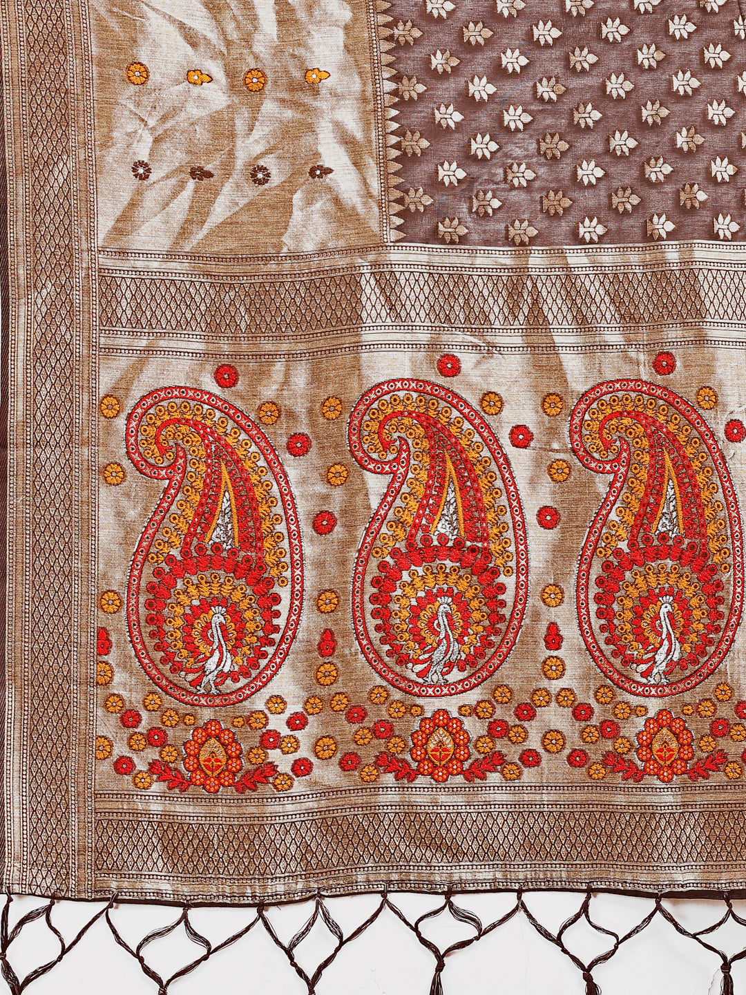 Astita Grace in Every Thread β Brown & Beige Linen Cotton Saree with Royal Paisley Charm