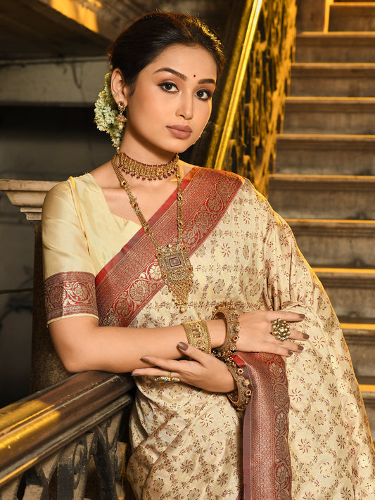 Astita Ivory & Maroon Banarasi Silk Saree with Golden Zari